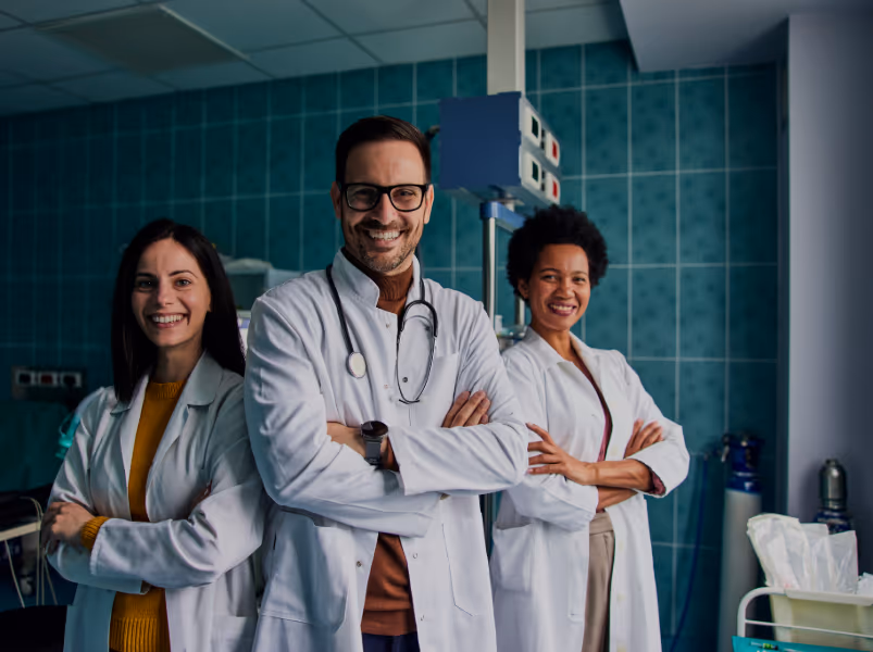 Smiling medical team in a modern hospital